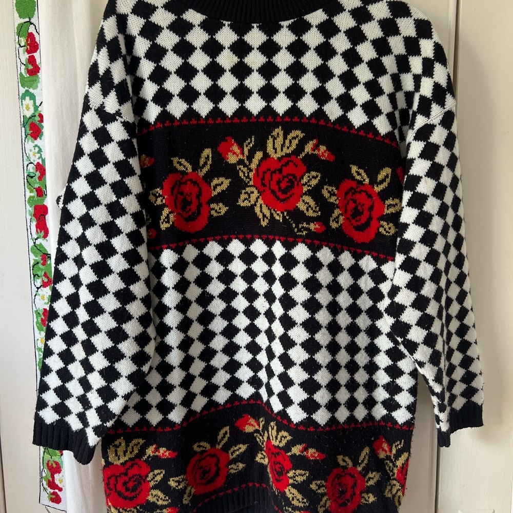 Vintage Trimmings Black and White Checkered Sweater with Roses
